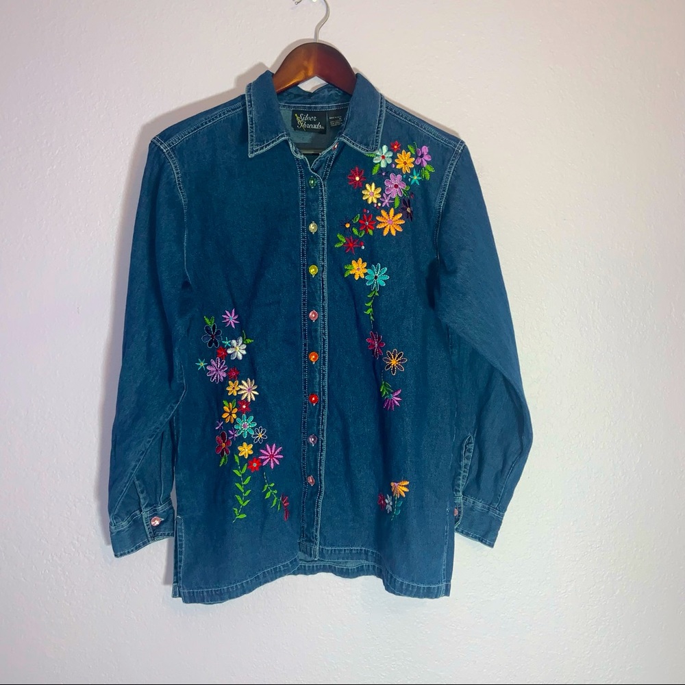 Silver Threads Blue Denim Chambray Floral Embroidered Top Button Front Shirt